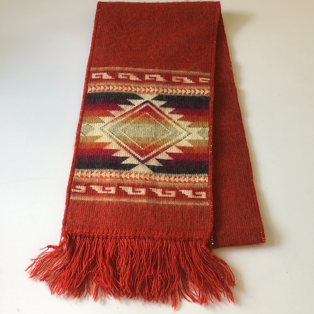 Vintage Southwestern Woven Fringe Scarf Rust 72” x 7.5” Boho Geometric - Picture 1 of 6